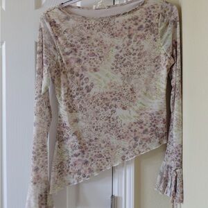 Women's Asymmetric Floral Print Long-Sleeve Top - Beige